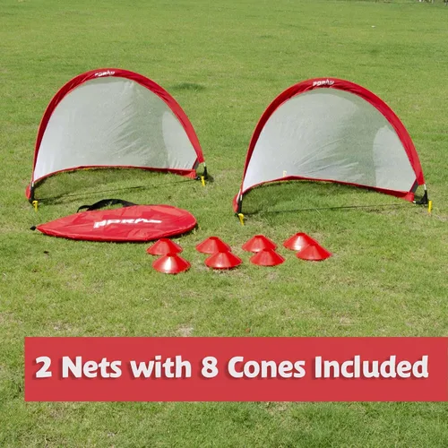 Miniatura 2 de Poray Soccer Goal for Kid Easy-up Set of Two Portable Soccer Net 210D Oxford with 8 Field Marker Cones Extra Stakes Fun for Backyard and Soccer Rojo