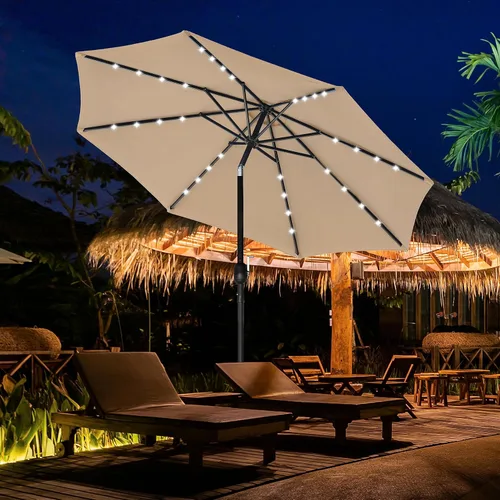 Miniatura 5 de YSSOA Sombrilla solar de 9 pies con 32 luces LED para patio, sombrilla de mesa con botón de inclinación/manivela al aire libre para jardín, terraza