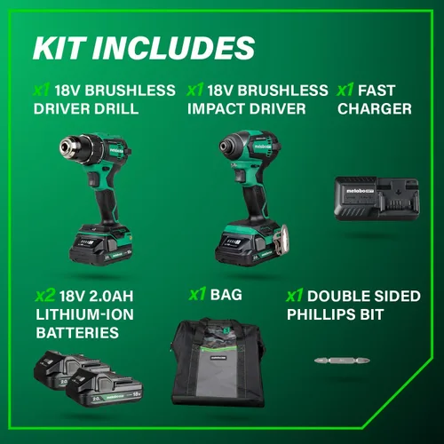 Miniatura 5 de Metabo HPT Kit combinado de taladro conductor inalámbrico sin escobillas multivoltios de 18 V y destornillador de impacto, kit de herramientas