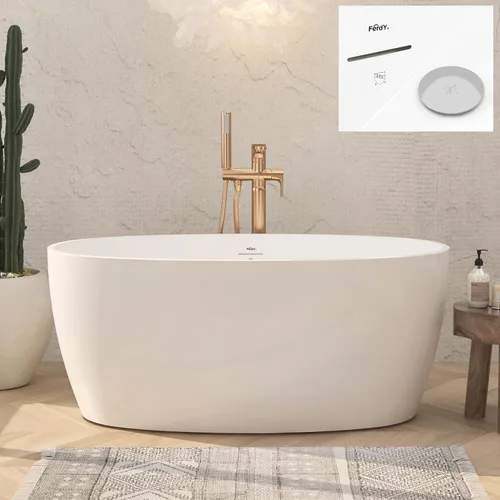 Miniatura 10 de FerdY Tahiti - Bañera independiente de 67" con forma ovalada elegante, bañera aislada de doble pared brillante con color blanco, con centro