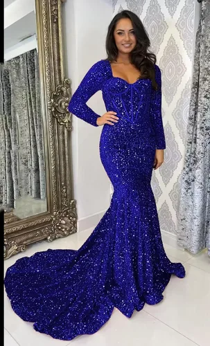 Miniatura 4 de Miao Duo Vestido de fiesta de sirena de manga larga para mujer con tren elástico brillante lentejuelas vestidos de noche formales YZTS090