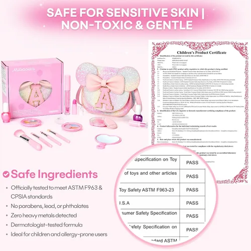 Miniatura 3 de Kit de maquillaje para niñas – Juego de maquillaje lavable real de 15 piezas – Cosmético no tóxico para niños pequeños con bolso de letras – Regalos