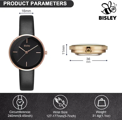 Miniatura 3 de Bisley Reloj de cuero para mujer, reloj analógico impermeable simple