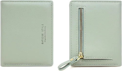 SUMGOGO Cartera pequeña para mujer, delgada, de piel, con tarjetero RFID, plegable, corto, con cremallera, bolsillo frontal, Verde (Mint Green),