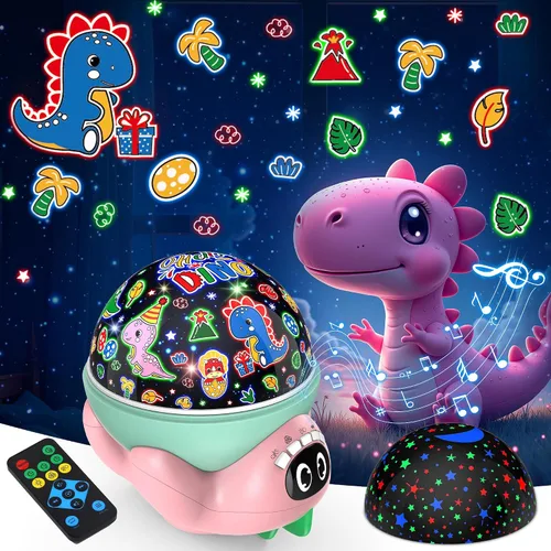 Miniatura 9 de Proyector de luz nocturna de dinosaurio para niños, juguetes verdes de dinosaurio para niños, luces de estrella con música y temporizador, lámpara