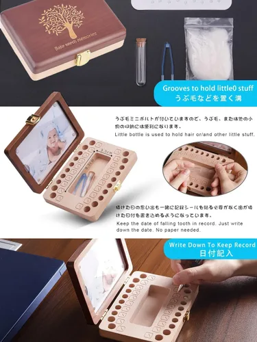 Miniatura 5 de Caja de recuerdo de dientes de bebé, caja de madera hecha a mano para guardar recuerdos de dientes con marco de fotos, adecuada para niños y niñas