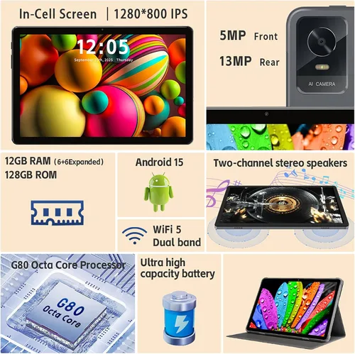 Miniatura 2 de Tablet Android de 10.1 pulgadas, tableta Android 15 para adultos con procesador Octa-Core, 12 GB de RAM 128 GB ROM (hasta 2 TB), pantalla de 1280 ×