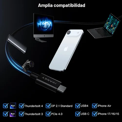 Miniatura 7 de IVANKY Certificado Intel Cable Thunderbolt 5 de 3.3 pies, hasta 120 Gbps y 240 W, cable Thunderbolt trenzado premium de 80 Gbps, compatible