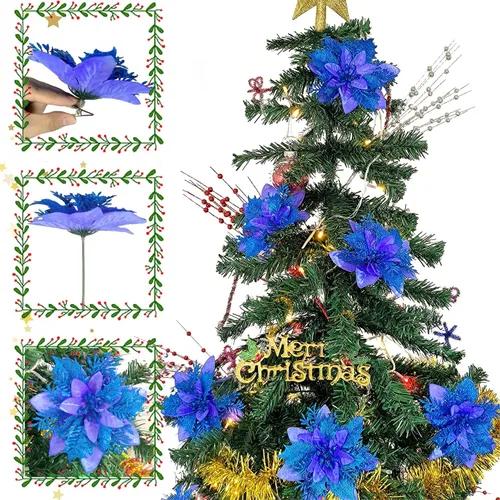 Miniatura 3 de 15 Piezas Flores de Navidad Artificiales Decoraciones de Flor de Pascua con Clips y Tallos, Decoraciones de Flor de Pascua de Navidad con Purpurina
