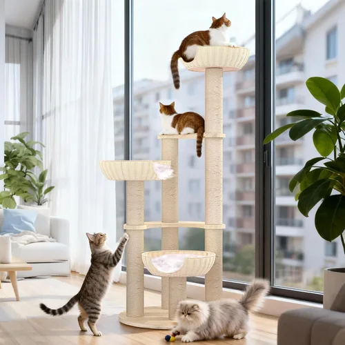 Miniatura 2 de Tinnmao Torre de árbol de madera maciza para gatos grandes, árbol de madera para gatos de 53 pulgadas con poste rascador cubierto de sisal natural