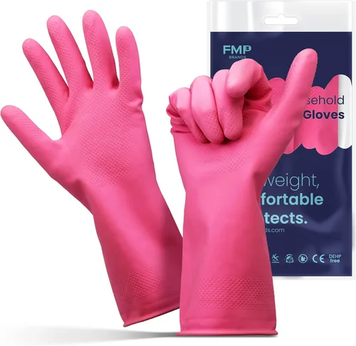 Guantes para lavar platos, guantes de goma, guantes de cocina amarillos, guantes largos para protección de manos y trabajo Rosado