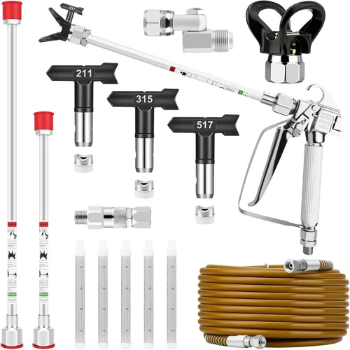 Kit de pistola pulverizadora sin aire de 15 piezas, pistola pulverizadora de pintura sin aire de 3600 PSI con manguera de alta presión de 25 pies y