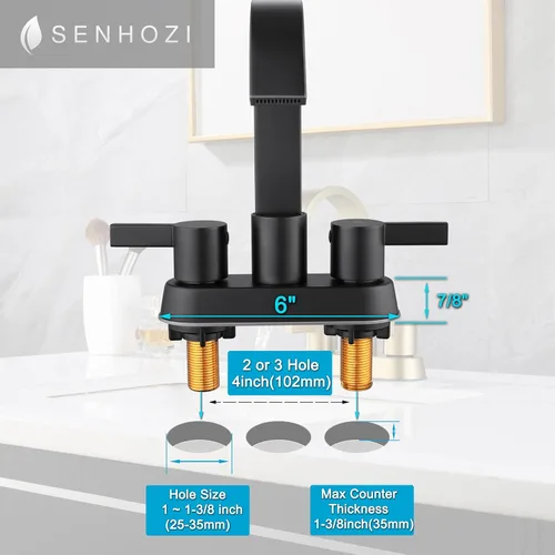 Miniatura 5 de SUS304 - Grifos de baño negro mate para fregadero de 3 agujeros, 4 pulgadas, grifo de cascada con drenaje emergente y 2 mangueras de suministro