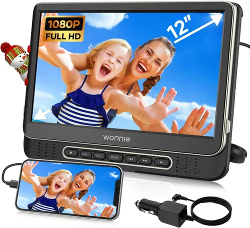 Reproductor de DVD para coche, WONNIE reproductor de DVD portátil de 12" con montaje en el reposacabezas, soporte de video 1080P/MP4, entrada/salida
