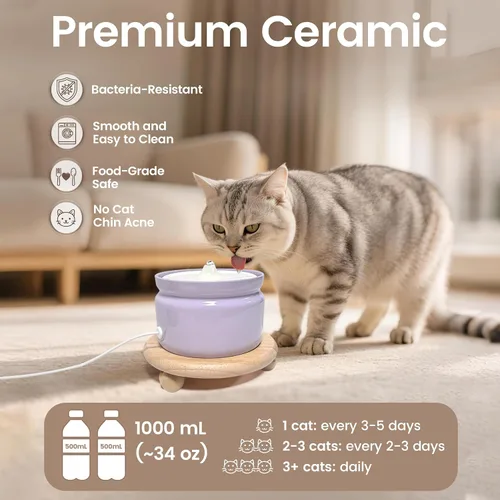 Miniatura 3 de Fuente de agua de cerámica para gatos, fuente automática para beber mascotas de 1 litro/32 onzas, bomba silenciosa alimentada por USB, triple Verde