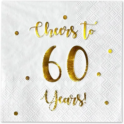 Miniatura 10 de Servilletas de cóctel de Cheers to 60 años, decoraciones de feliz cumpleaños 60 para hombres y mujeres, decoraciones de fiesta de aniversario