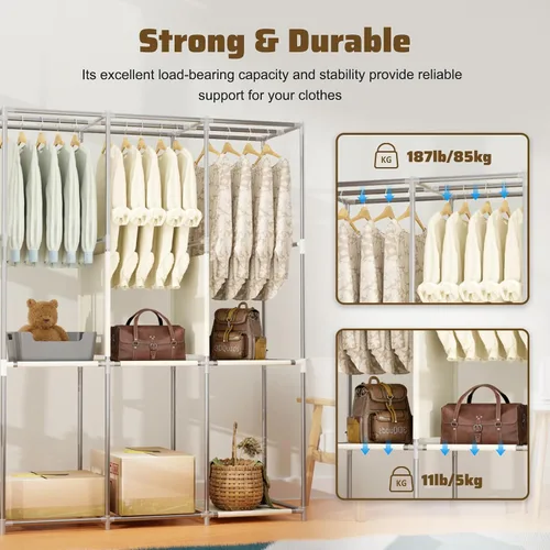 Miniatura 5 de BAOKALER Armario portátil, armarios portátiles para colgar ropa con 3 varillas para colgar y 6 estantes de almacenamiento, cubierta de tela