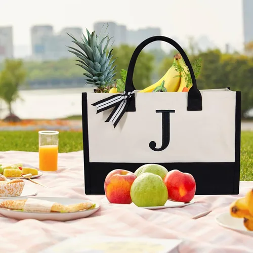 Miniatura 396 de TOPDesign - Bolso de playa de lona con inicial personalizada, bolsa de regalo con monograma, para mujer