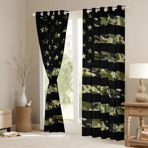 Miniatura 4 de Cortinas opacas de camuflaje con bandera estadounidense, regalo para niños, cortina de ventana de camuflaje verde con rayas negras, estrellas