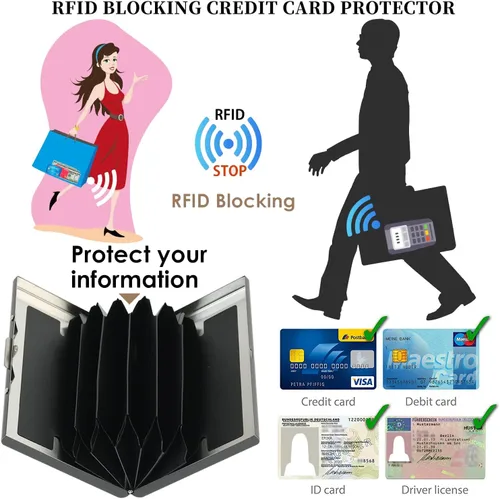 Miniatura 92 de BONSYL® Soporte para tarjetas de crédito, cartera delgada de metal con bloqueo RFID, con 6 ranuras para tarjetas, para mujeres y hombres.