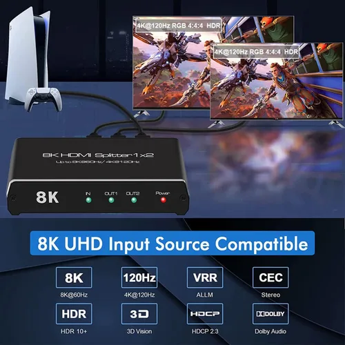 Miniatura 3 de Divisor HDMI 8K 60Hz 1x2, 4K 120Hz HDMI 2.1 Divisor Convertidor 1 en 2 Salida HDCP 2.3 UHD HLG HDR 7680x4320P para 8KTV PS5 Xbox Game