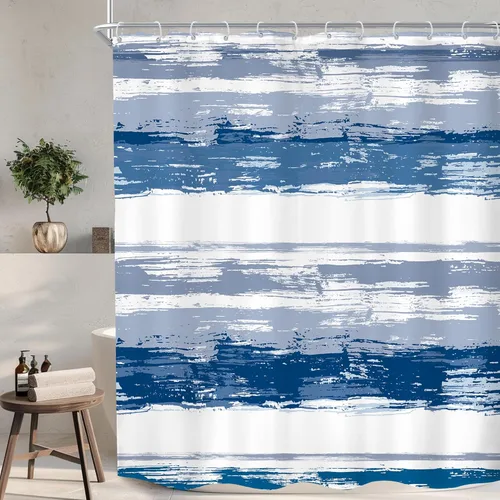 Miniatura 23 de KOMLLEX Cortina de ducha abstracta azul para decoración de baño, 72 pulgadas de ancho x 72 pulgadas de alto, moderna, a rayas blancas y grises