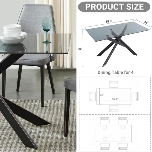 Miniatura 2 de Mesa de comedor de estilo moderno con parte superior de vidrio templado gris y patas tubulares de metal negro, 58.5 pulgadas de largo x 29 pulgadas