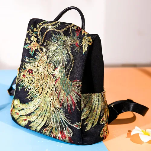 Miniatura 8 de Bolso bordado de la mochila de las mujeres, bolso antirrobo de la mochila del viaje de la lona de la moda, Bordado con purpurina, Mochilas de mochila