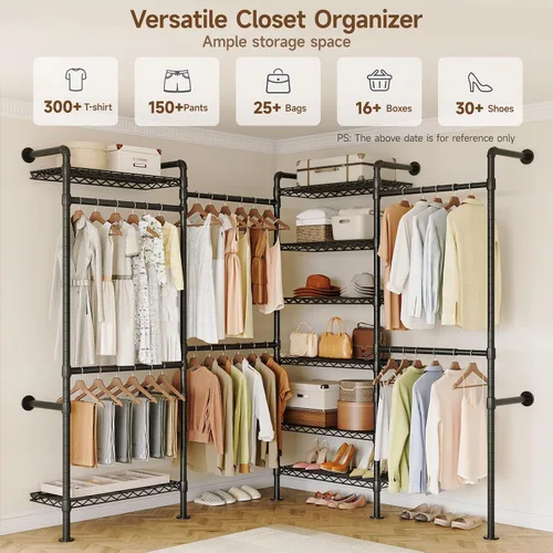 Miniatura 9 de ONBRILL L4 - Perchero industrial de tubería para montar en la pared, sistema organizador de armario con 6 barras de ropa colgantes