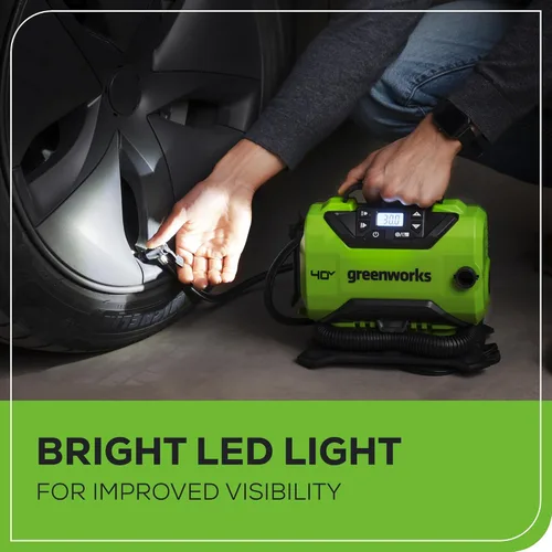 Miniatura 8 de Greenworks Inflador de neumáticos inalámbrico de 24 V con batería USB de 2 Ah y cargador de 2 A, compresor de aire portátil (160 PSI) con apagado
