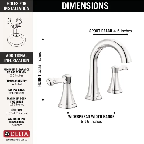 Miniatura 4 de Delta Faucet Esato - Grifo de baño generalizado cromado, grifo de baño de 3 agujeros, grifo de lavabo de baño, montaje de drenaje incluido, cromado