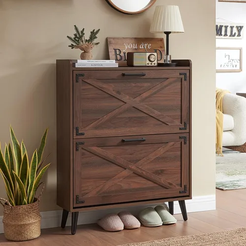 Miniatura 13 de Barnyatoh - Gabinete de almacenamiento de zapatos estilo granja, organizador de zapatos con 2 cajones abatibles y diseño de puerta de granero