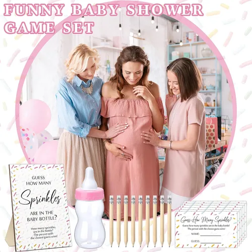 Miniatura 6 de Qilery 122 piezas de juegos de baby shower Adivina cuántos gránulos incluidos, letrero de pie, 100 tarjetas de adivinanza, 20 lápices, 1 biberón Rosa