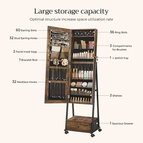 Miniatura 3 de SONGMICS UJJC004X01 - Organizador de joyas con cerradura con espejo de longitud completa, cajón inferior, estante, ruedas, regalos de Navidad