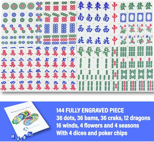 Miniatura 2 de Juego de mahjong chino, 144 azulejos grandes de melamina Mahjong (1.57 pulgadas, verde) con 4 dados, 80 fichas de póquer y una bolsa