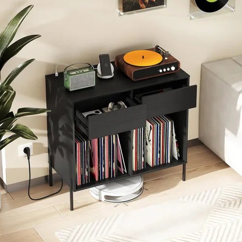 Miniatura 3 de Giantex Soporte grande para tocadiscos con estación de carga, soporte giratorio de madera de mediados de siglo con 2 cajones de almacenamiento
