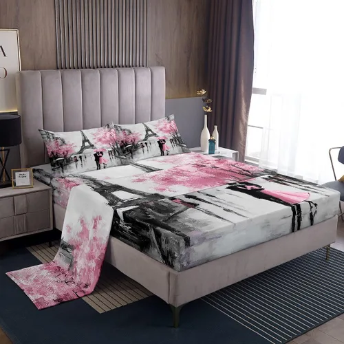 Miniatura 2 de Juego de sábanas decorativo de París con Torre Eiffel francesa, juego de 4 piezas para cama King, juego de sábanas de acuarela de cerezas