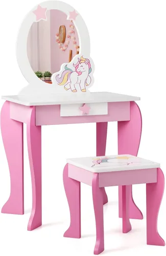 Costzon Juego de tocador para niños con espejo, mesa de maquillaje y vestidor de princesa de madera 2 en 1 con parte superior desmontable, tocador