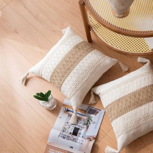 Miniatura 5 de Fundas de almohada decorativas tejidas con acento de granja para sofá - 18 x 18 pulgadas, cojín decorativo bohemio neutro con borlas para sala