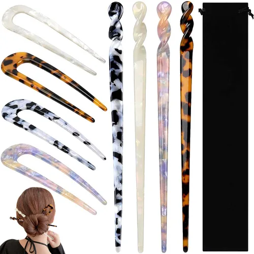 8 pinzas de acetato para el cabello, palillos rectos en forma de U, accesorios de peinado, horquilla para el cabello, horquilla vintage, pinzas para