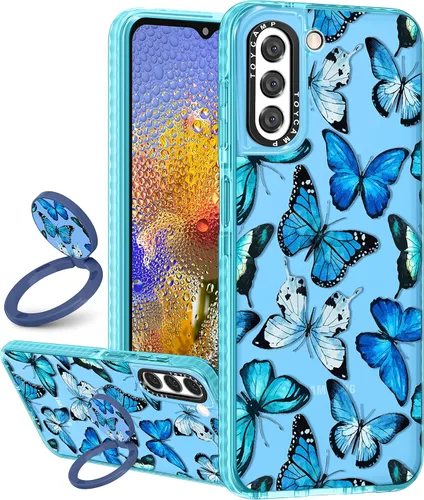 Toycamp Funda para Samsung Galaxy S22, diseño de mariposa azul para mujeres, niñas, adolescentes, bonita funda femenina con soporte de anillo (6.1
