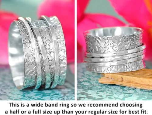Miniatura 3 de Boho-Magic Anillo giratorio de plata de ley 925 con flores para mujer, anillo para aliviar la ansiedad, Metal