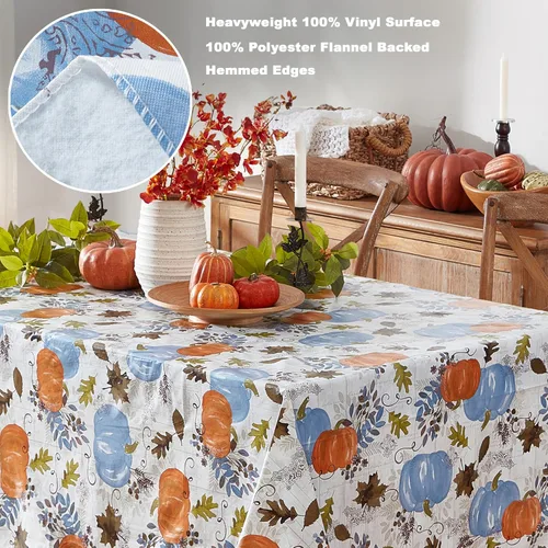 Miniatura 4 de Newbridge Mantel de vinilo azul de Acción de Gracias Hampstead Farm Pumpkin Field con reverso de franela, diseño de cosecha de otoño, 52 x 52