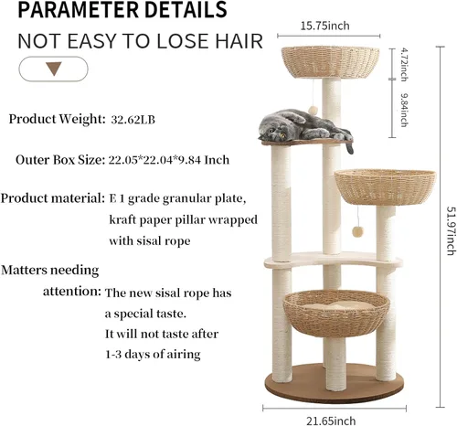 Miniatura 4 de Torre de árbol moderna para gatos de 52 pulgadas para gatos grandes, 3 nidos para gatos tejidos a mano, multinivel, enormes Paws Pals árbol