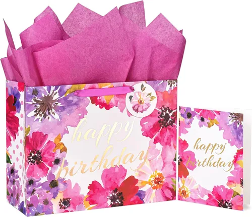 WRAPAHOLIC Bolsa de regalo grande de 13 pulgadas con tarjeta y papel de seda, papel de aluminio dorado floral feliz cumpleaños