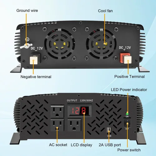 Miniatura 3 de inversor de potencia de 2500 vatios para automóvil, de 12 V a 110 V / 120 V, inversor de más de 2000 vatios para vehículos RV, camiones semi