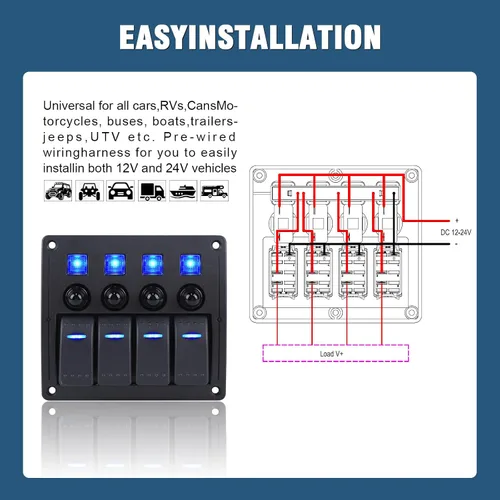 Miniatura 3 de Panel de Interruptores Marinos de 4 Posiciones Impermeable, Panel de Interruptores Basculantes de Barco Impermeable 12V/24 voltios Interruptor