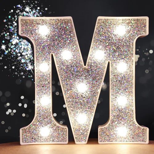 Pooqla - Letras iluminadas con LED, letras de marquesina para decoraciones de cumpleaños plateadas, luz nocturna a pilas para decoración de