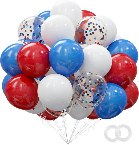 Kit de 62 globos rojos, blancos y azules - Globos de fiesta con confeti rojo, blanco y azul de 12 pulgadas para el 4 de julio, Día de la Rojo y azul