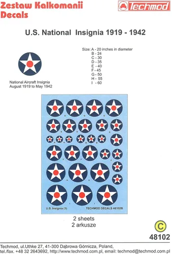Miniatura 2 de Techmod 48102 1/48 US National Insignia 1919-1942 2 hojas de calcomanías húmedas para aviones